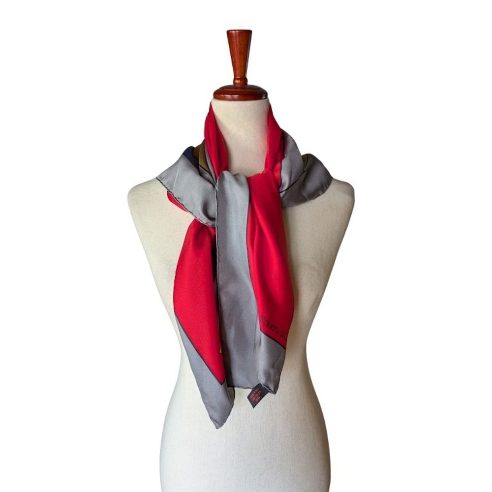 Vintage Roberta di Camerino Red Grey Silk Square Scarf Geometric Belt Motif - Picture 2 of 11
